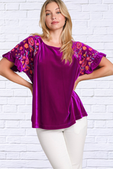 Full Size Velvet Embroidery Short Sleeve Blouse