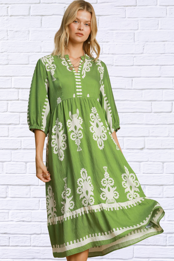 Printed Green and White Notched Midi Dress