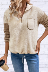 Khaki and Cream  Contrast Half Zip Long Sleeve Sweatshirt