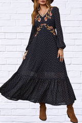 Black Embroidered V-Neck Long Sleeve Dress – Timeless Elegance and Sophistication