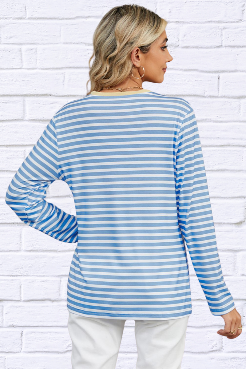 Striped Notched Long Sleeve T-Shirt