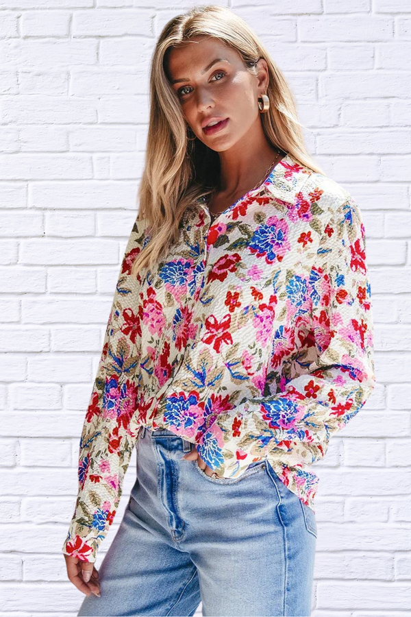 Floral Collared Neck Long Sleeve Shirt