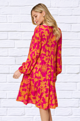 Double Take Full Size Printed Ruffle Hem Long Sleeve Dress