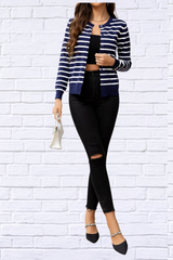 Striped Round Neck Long Sleeve Buttoned Knit Top