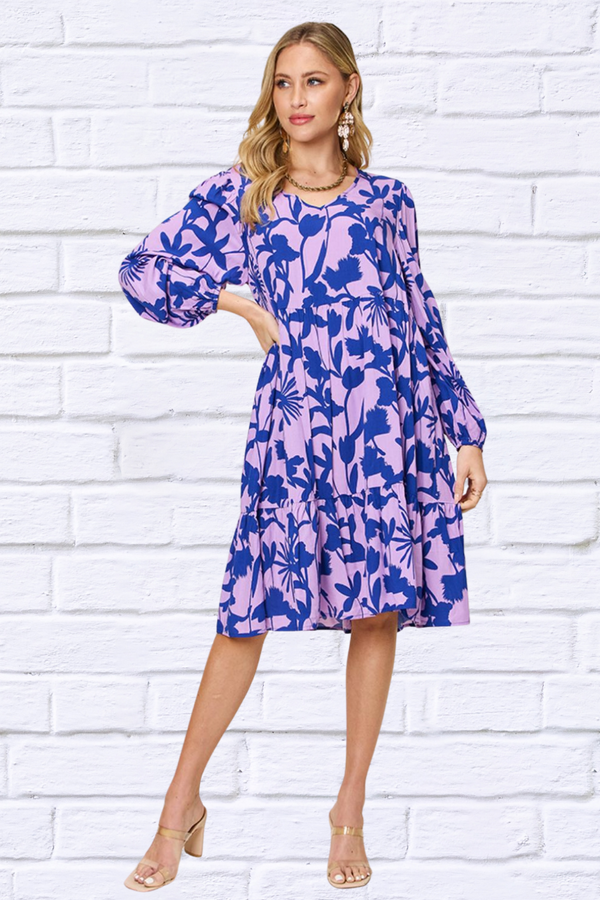 Double Take Full Size Printed Ruffle Hem Long Sleeve Dress