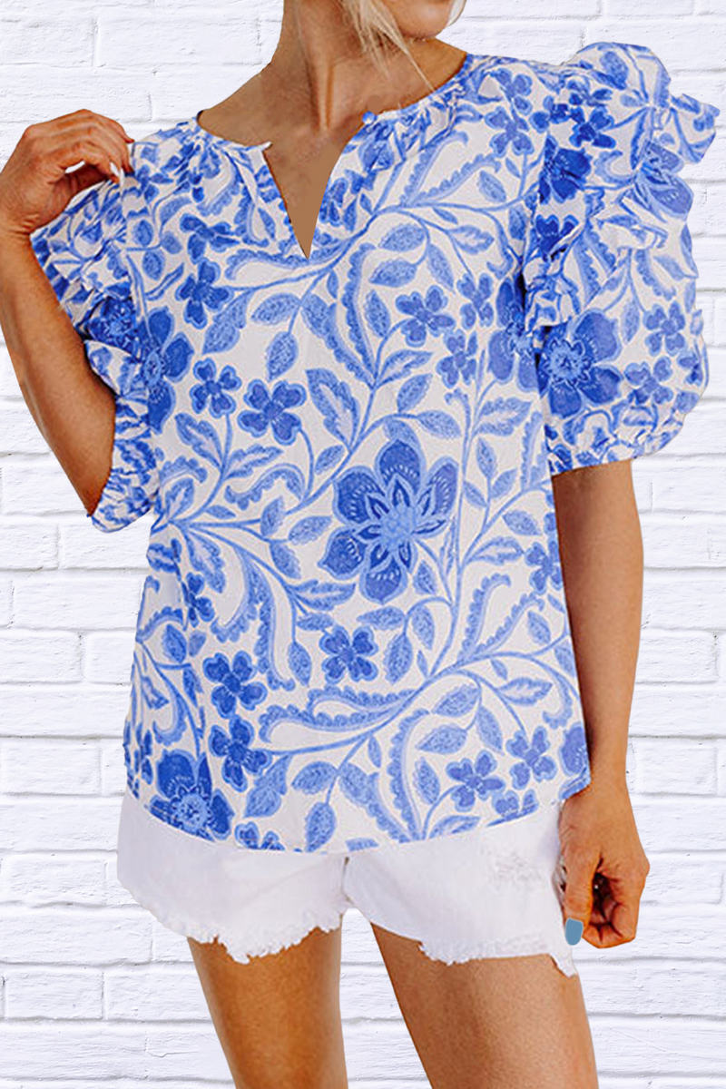 Printed Notched Half Sleeve Blouse – Effortless Elegance and Versatile Style