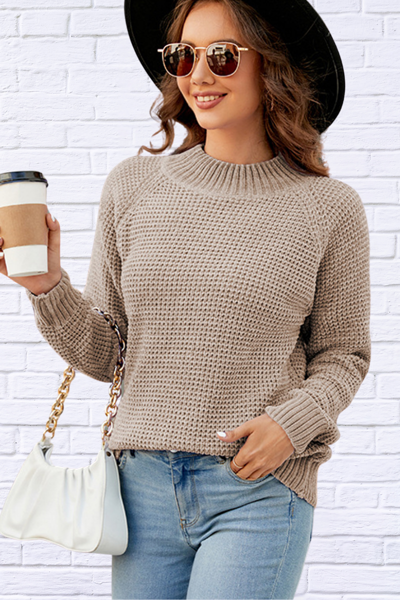 Waffle-Knit Round Neck Reglan Sleeve Sweater