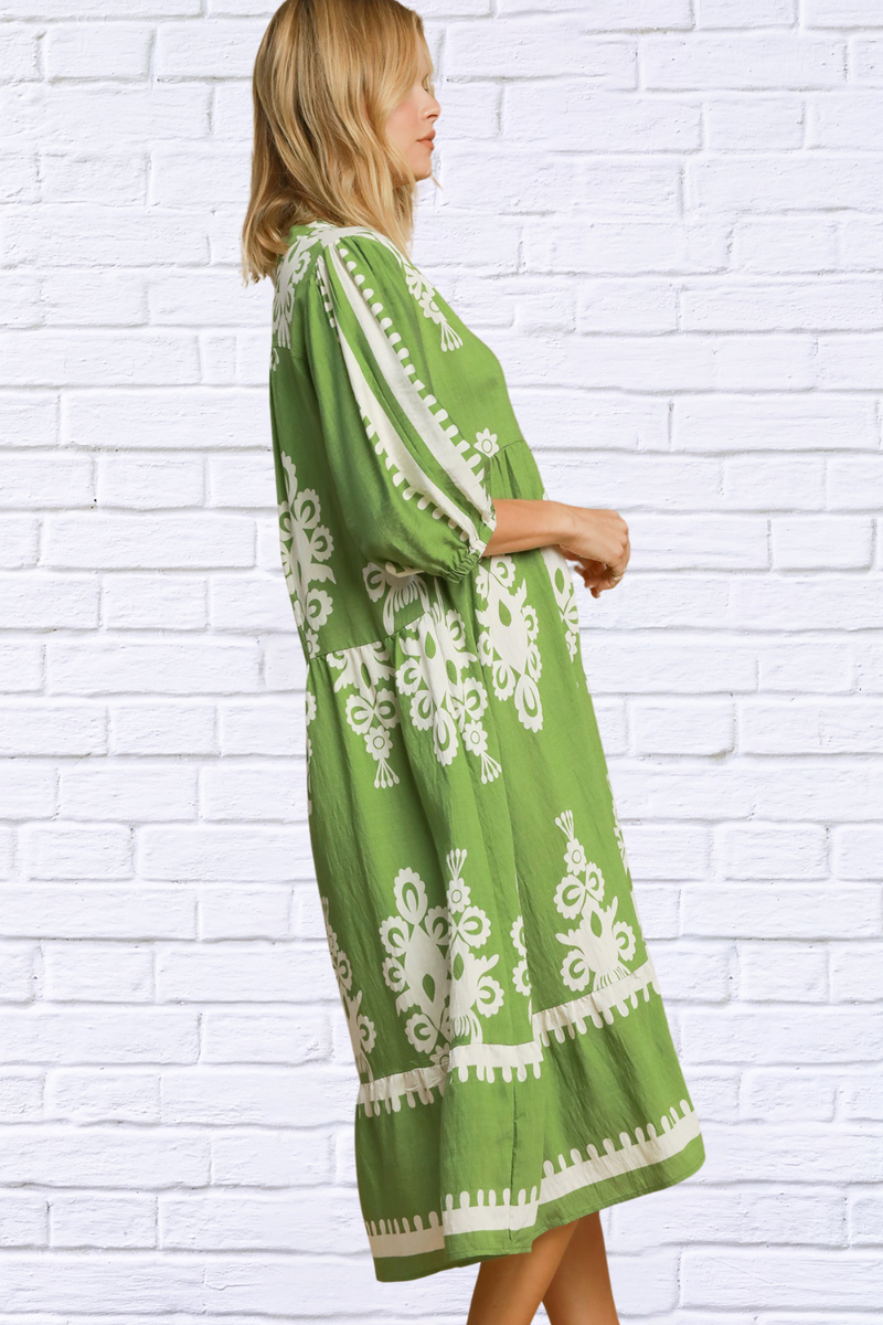 Printed Green and White Notched Midi Dress