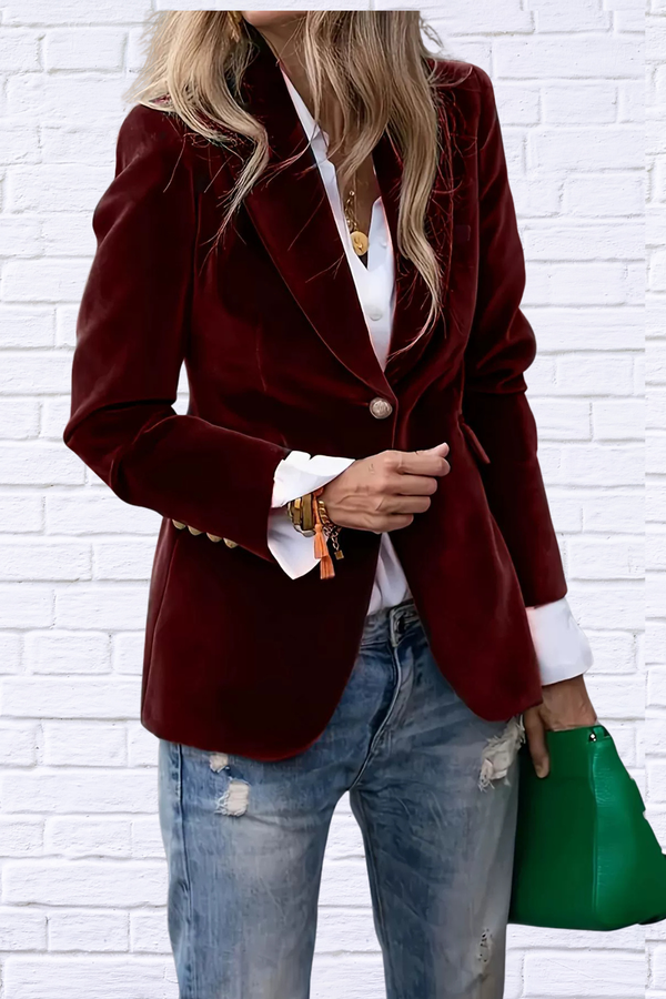 Lapel Collar One Button Burgundy Blazer