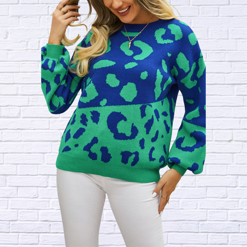 Leopard Round Neck Dropped Shoulder Sweater