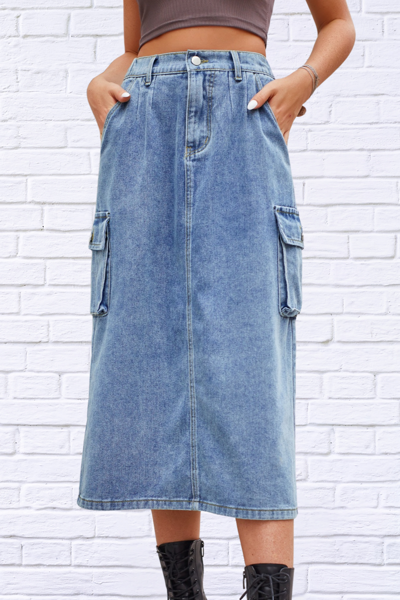 Slit Buttoned Denim Skirt with Pockets