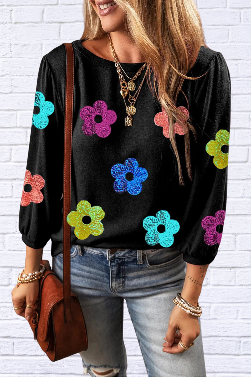 Sequin Flower Round Neck Blouse