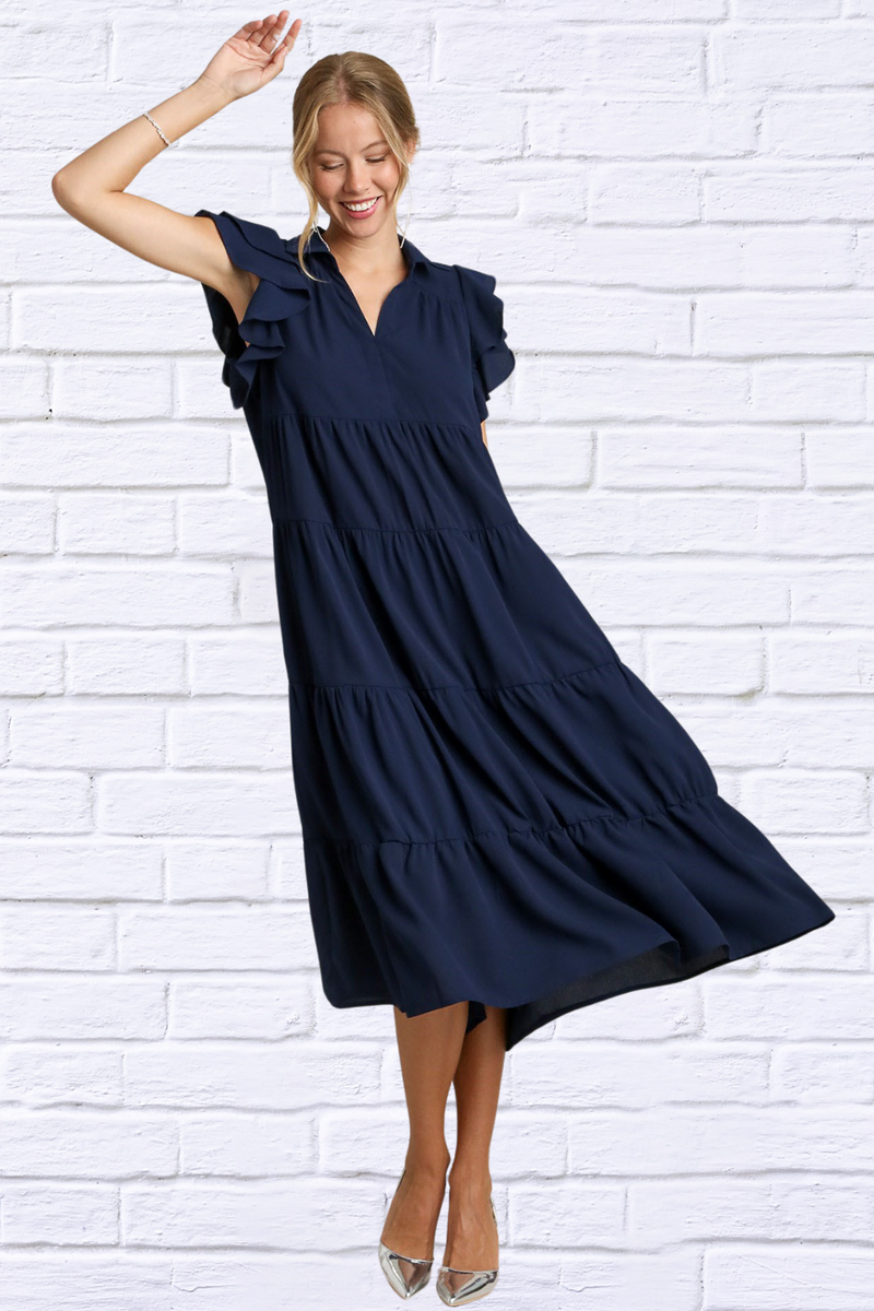 Umgee Full Size Johnny Collar Ruffle Cap Sleeve Tiered Dress Plus Size