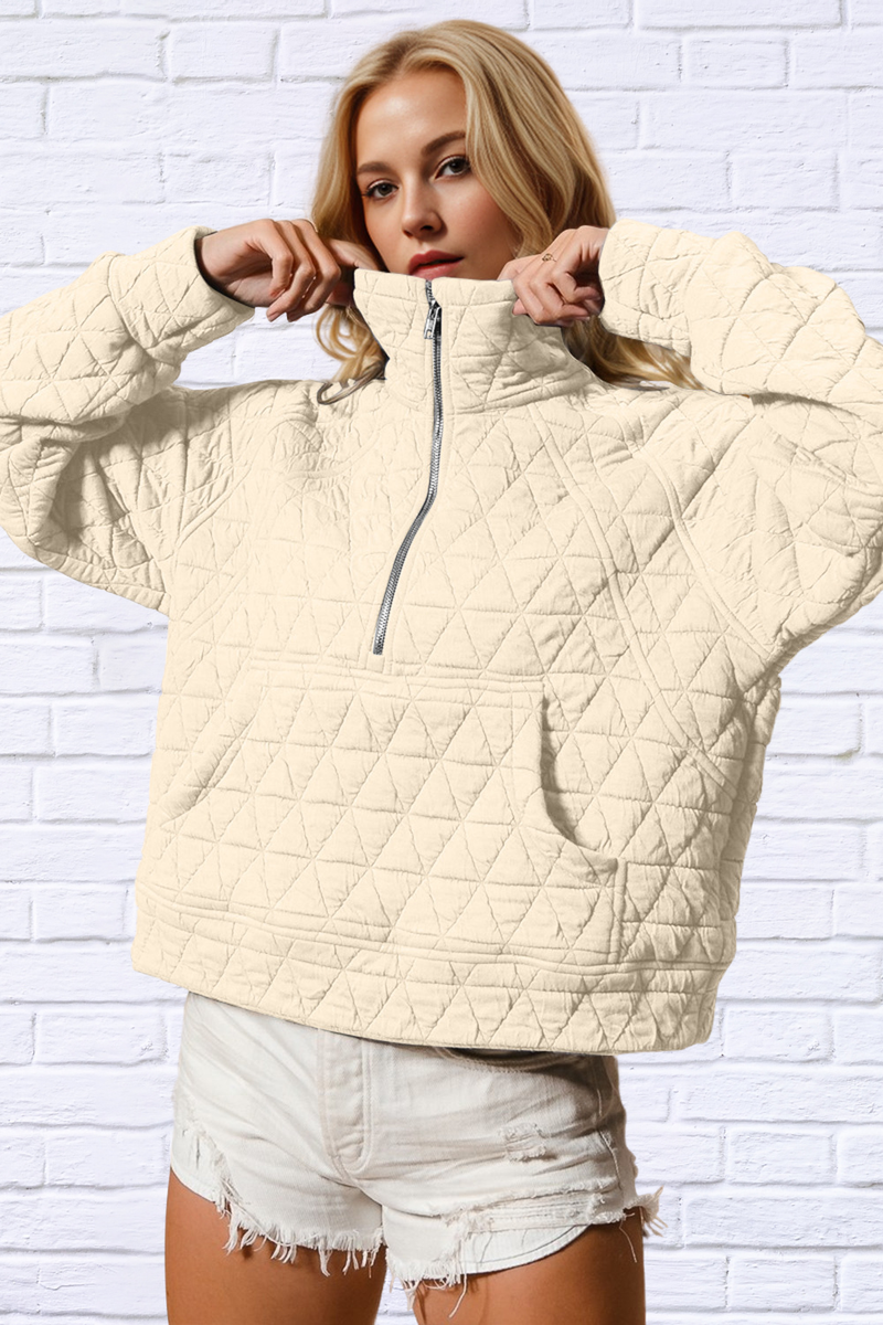 Half Zip Long Sleeve Quilted Sweatshirt with Pocket