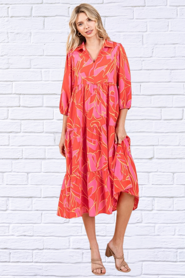 Tiered Coral Printed Collared Neck Midi Dress