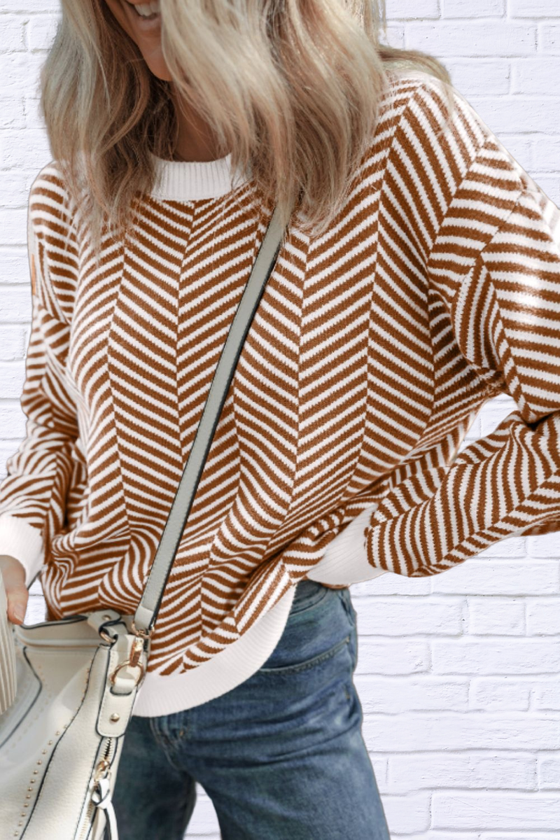 Herring Bone Round Neck Long Sleeve Sweater