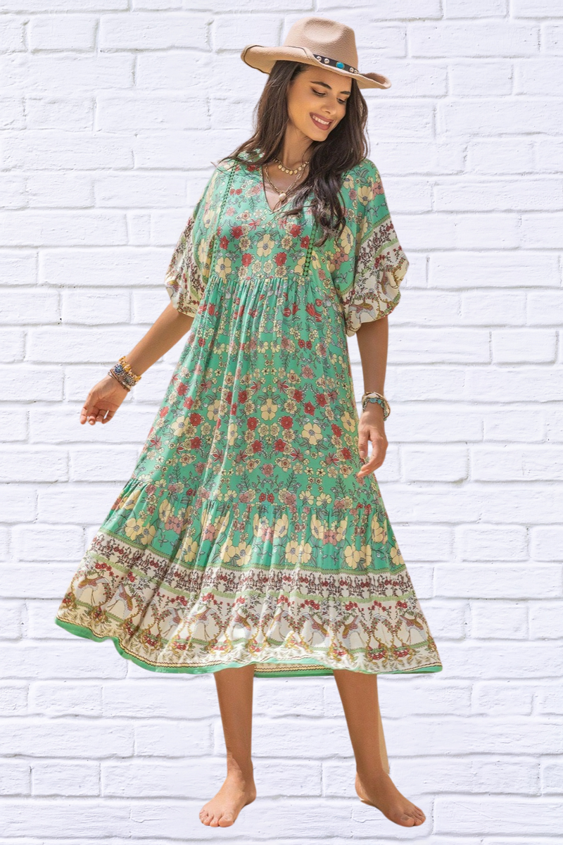 Ruched Printed Puff Sleeve Midi Dress – A Spring Must-Have