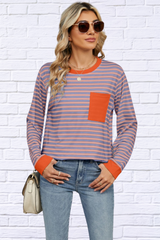 Pocketed Striped Round Neck Long Sleeve T-Shirt