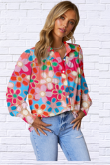 Floral Print Lantern Sleeve Collared Neck Shirt