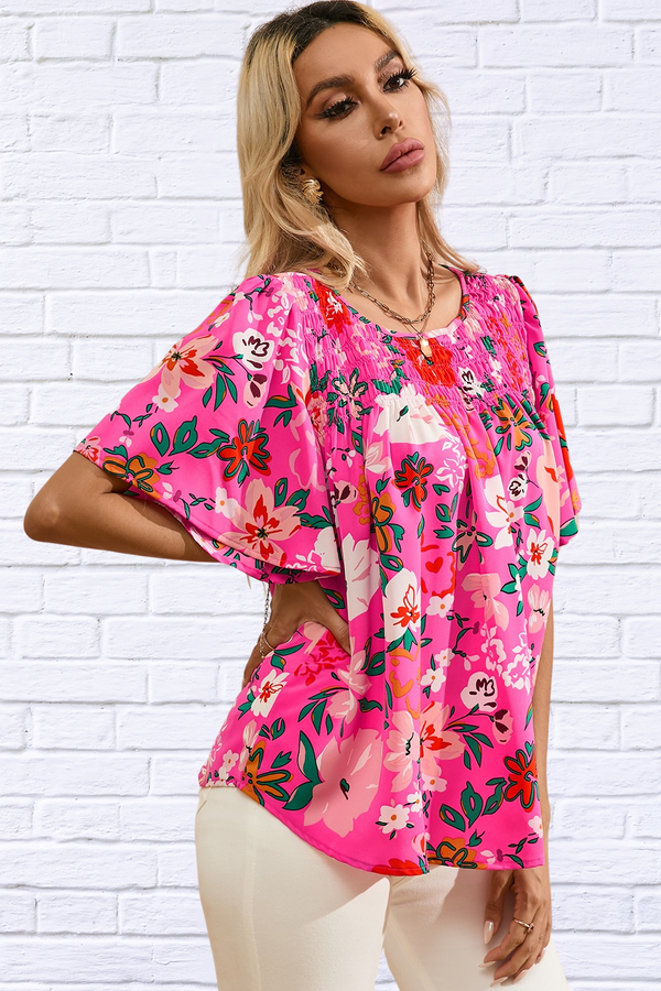 Passion Smocked Printed Round Neck Half Sleeve Blouse