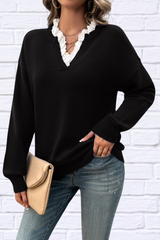 Lace Detail Notched Long Sleeve Sweater