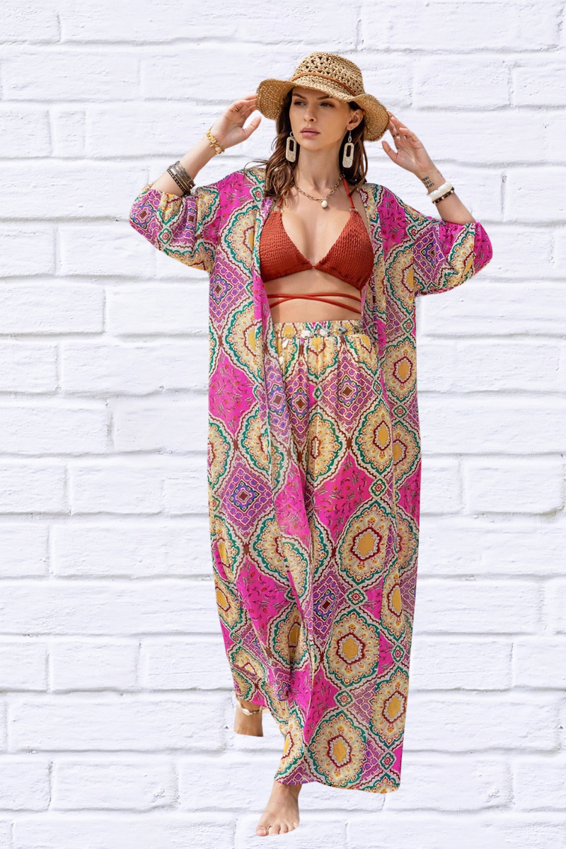 Printed Open Front Cardigan and Pants Set