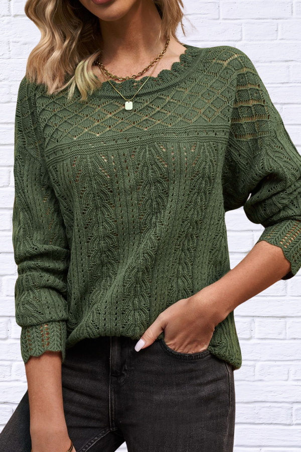 Openwork Round Neck Long Sleeve Knit Top