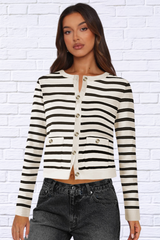 Striped Round Neck Button Up Long Sleeve Cardigan