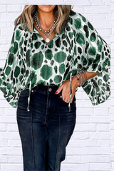 Printed Green Tie Neck Three-Quarter Sleeve Blouse