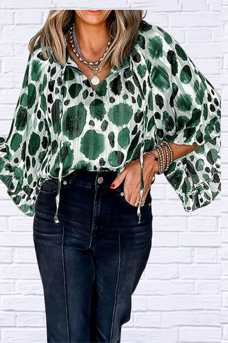 Printed Green Tie Neck Three-Quarter Sleeve Blouse