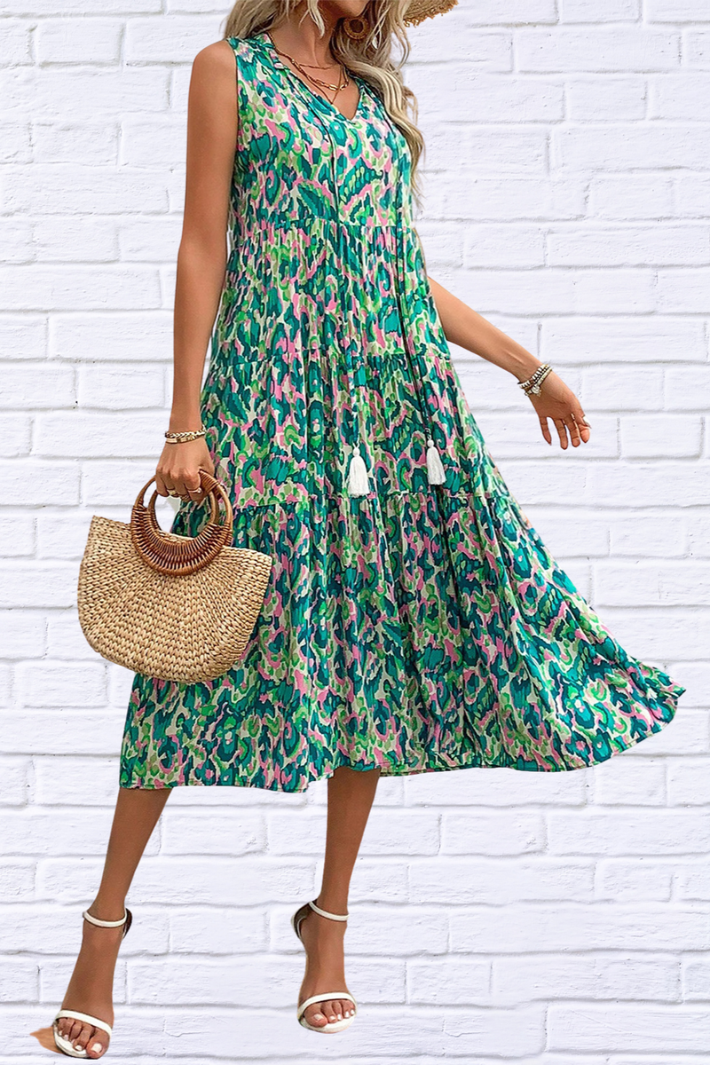 Tassel Printed Tie Neck Sleeveless Dress