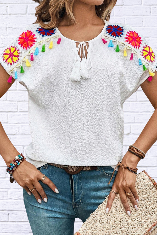 Tassel Tie Neck Short Sleeve Blouse