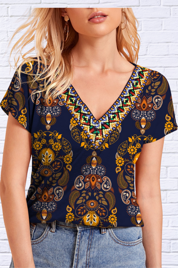 Printed V-Neck Short Sleeve T-Shirt