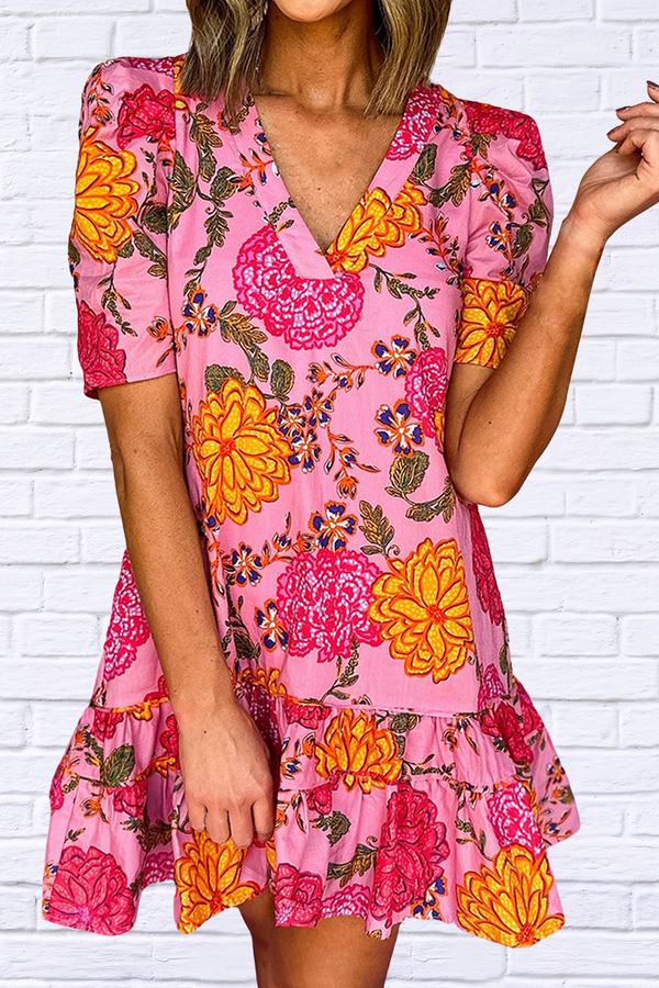 Mish Ruffled Printed Short Sleeve Mini Dress