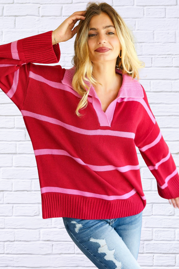 Collared Neck Striped Contrast Sweater