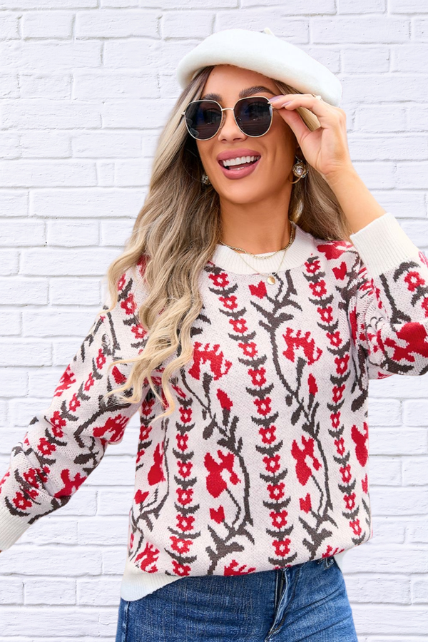 Delicate  Flower Round Neck Long Sleeve Sweater