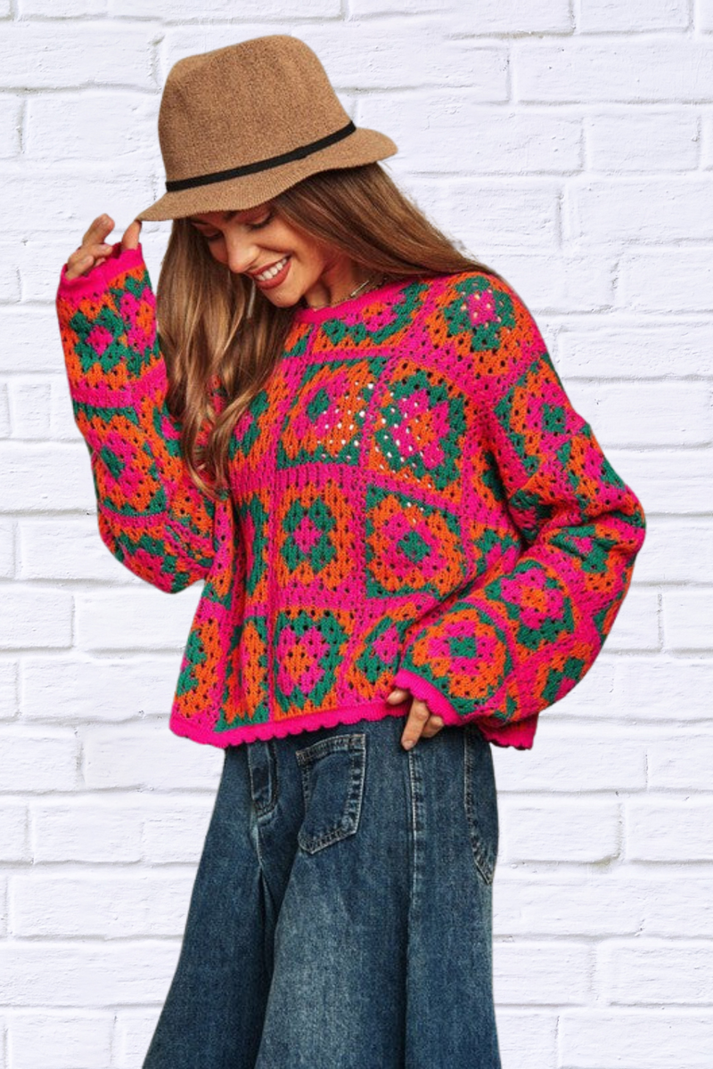 Crochet Patchwork Round Neck Pullover Sweater Top