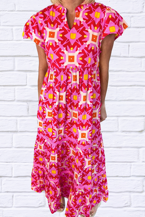 Addison  Printed Notched Cap Sleeve Dress