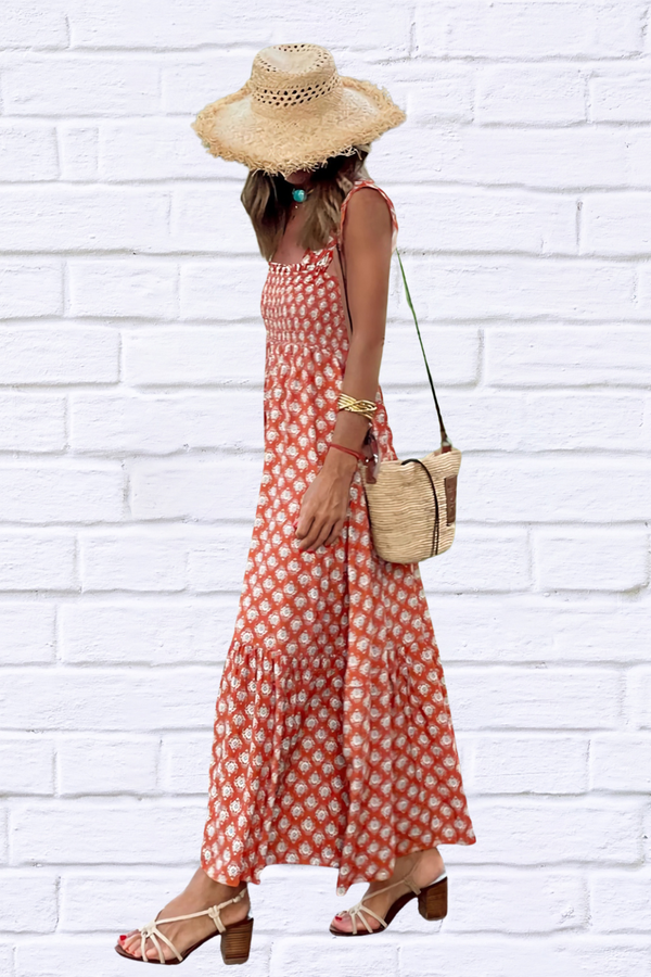 Smocked Printed Square Neck Sleeveless Dress