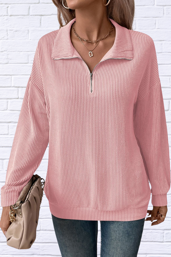 Double Take Striped Half Zip Long Sleeve T-Shirt