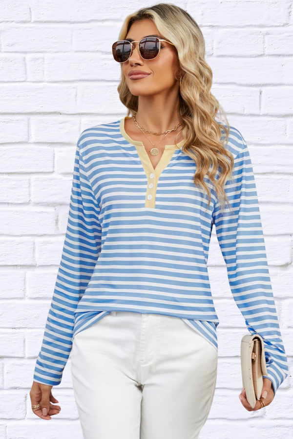 Striped Notched Long Sleeve T-Shirt