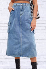 Slit Buttoned Denim Skirt with Pockets