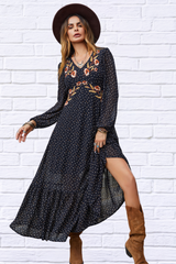 Black Embroidered V-Neck Long Sleeve Dress – Timeless Elegance and Sophistication