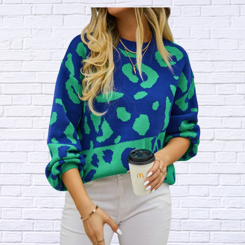 Leopard Round Neck Dropped Shoulder Sweater