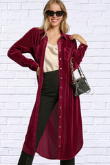 Umgee Burgundy Texture Curved Hem Button Down Shirt Dress