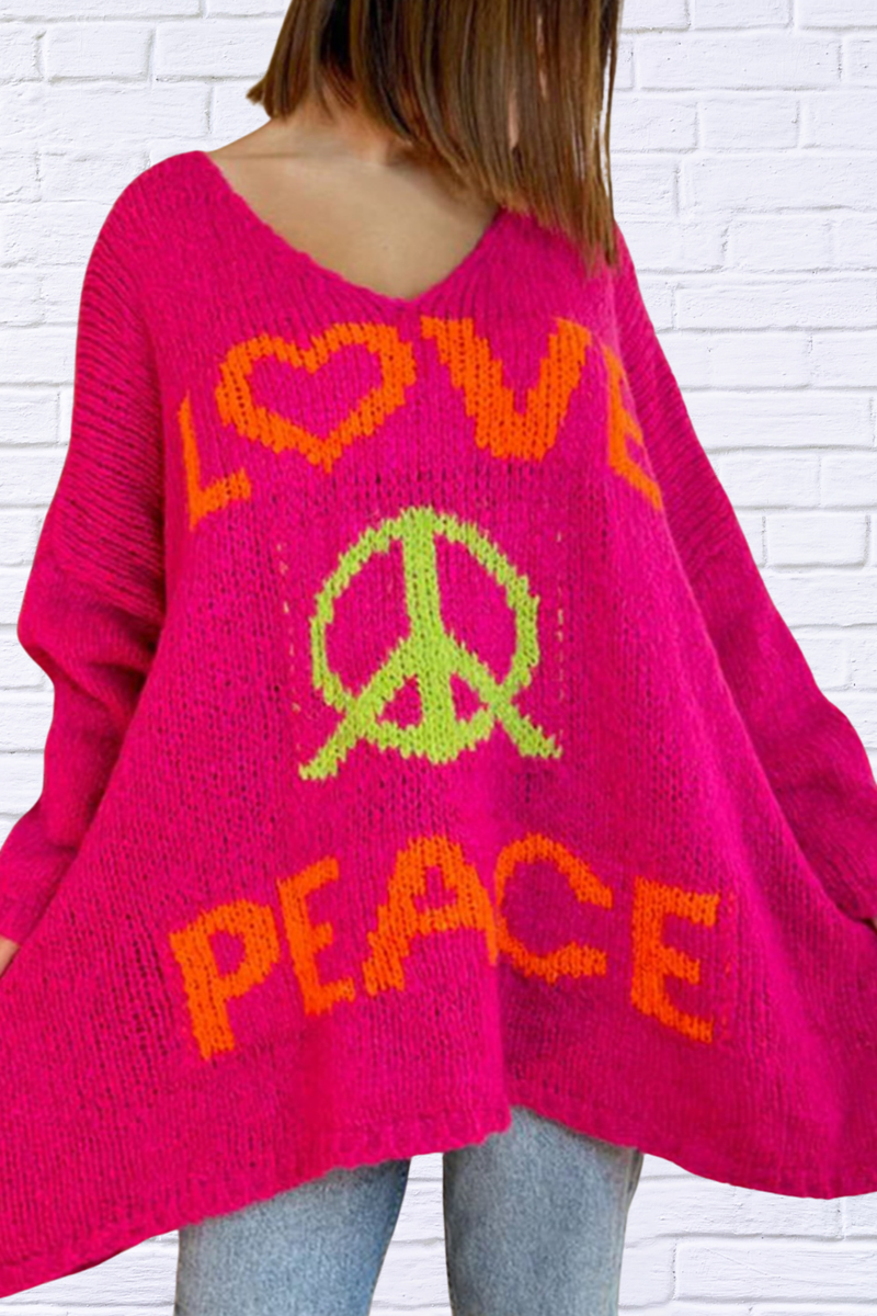 Peace Graphic V-Neck Long Sleeve Sweater