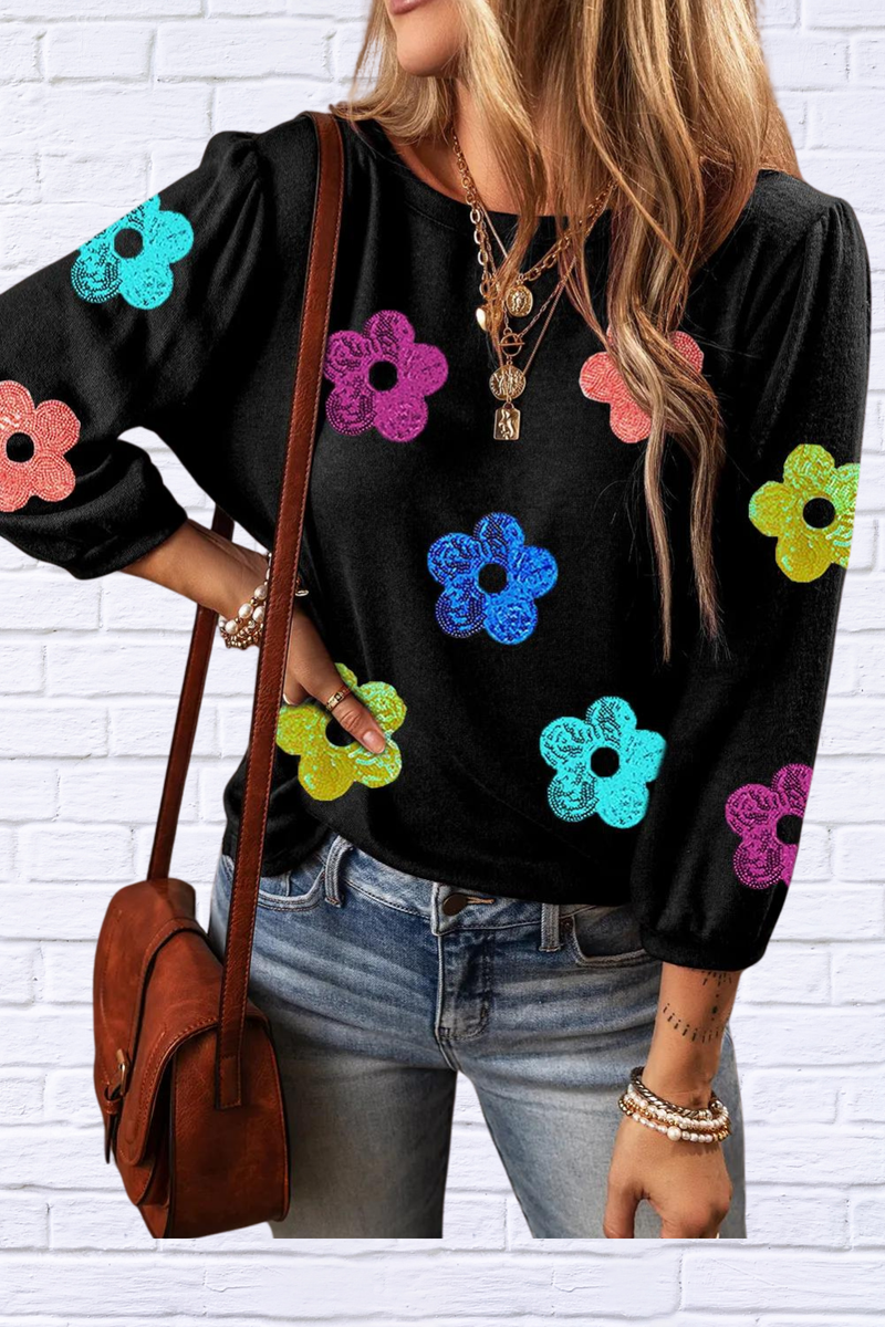 Sequin Flower Round Neck Blouse