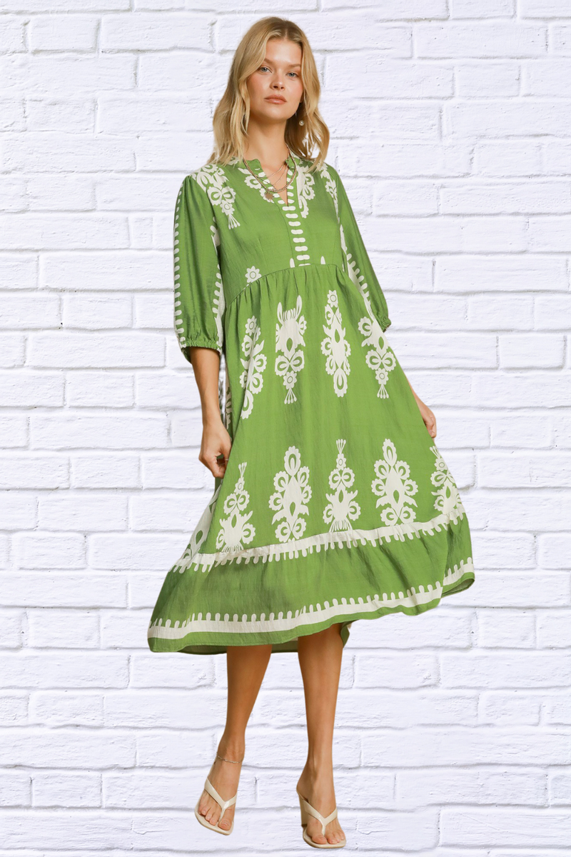 Printed Green and White Notched Midi Dress