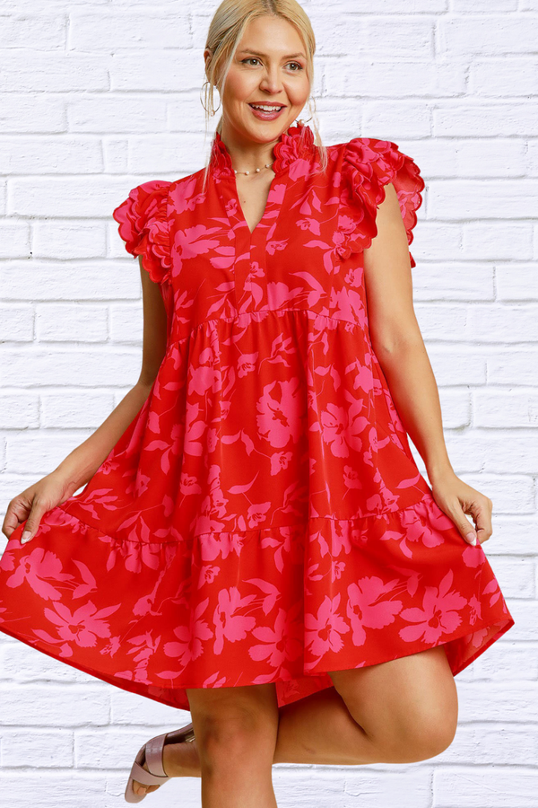 Full Size Two Tone Red and Pink Floral Print Ruffle Cap Sleeve Mini Dress Plus Size