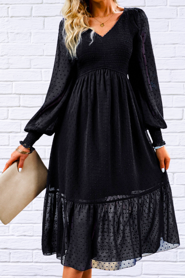 Women's Dot Long Sleeve Smocked Midi Dresses V Neck High Waist Tiered Flowy Hem A Line Long Dress